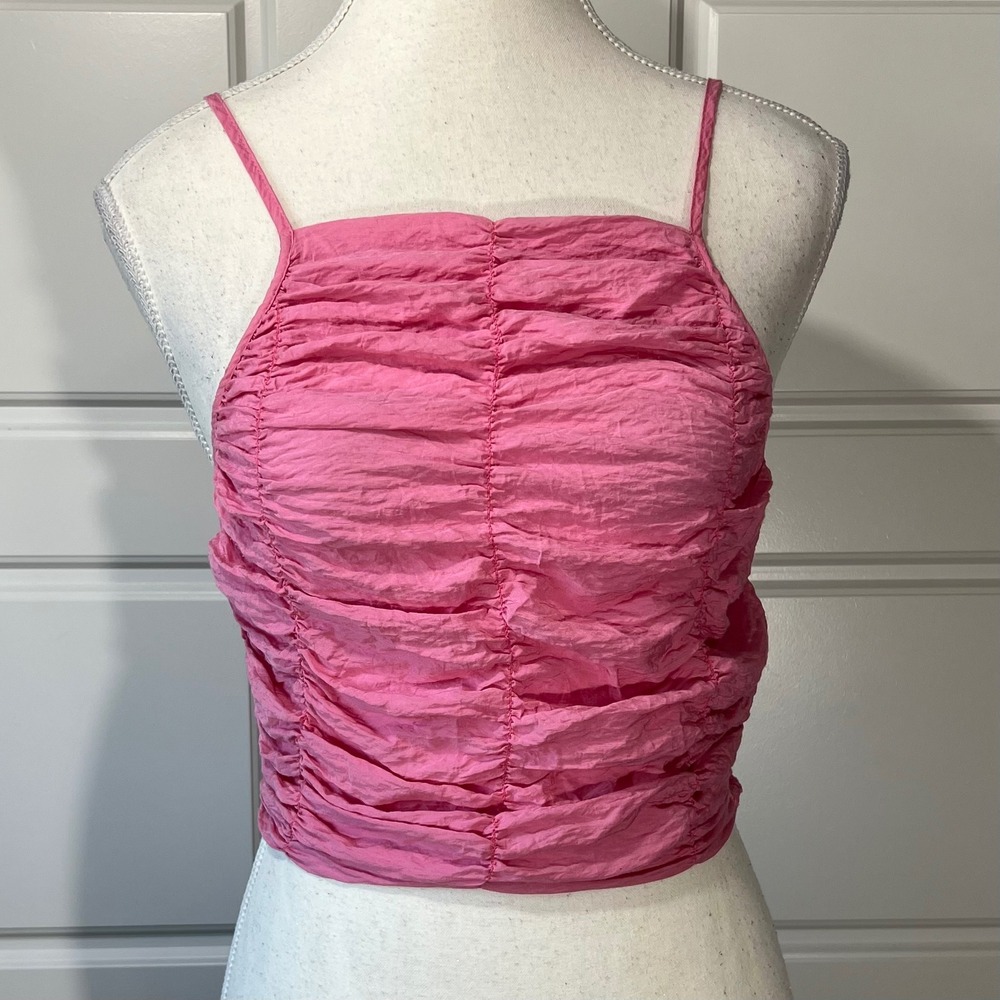 Zara Pink Bubble Ruched Spaghetti Strap‎ Tank Top Cropped Sleeveless Y2K Cami XS
